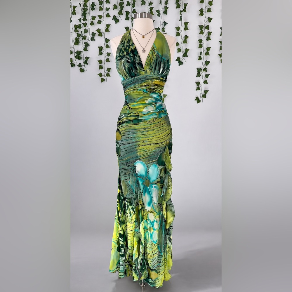 Nina Austin Silk VTG 90s Y2K Forest Fairy Formal Maxi Dress Mermaid Hem Small
